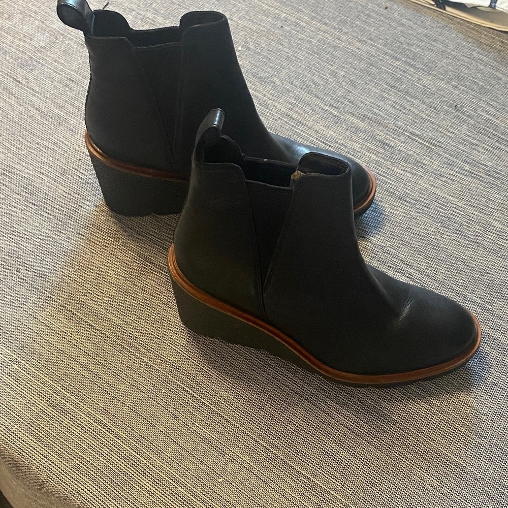 Clarks Black Ankle Booties with Brown Trim